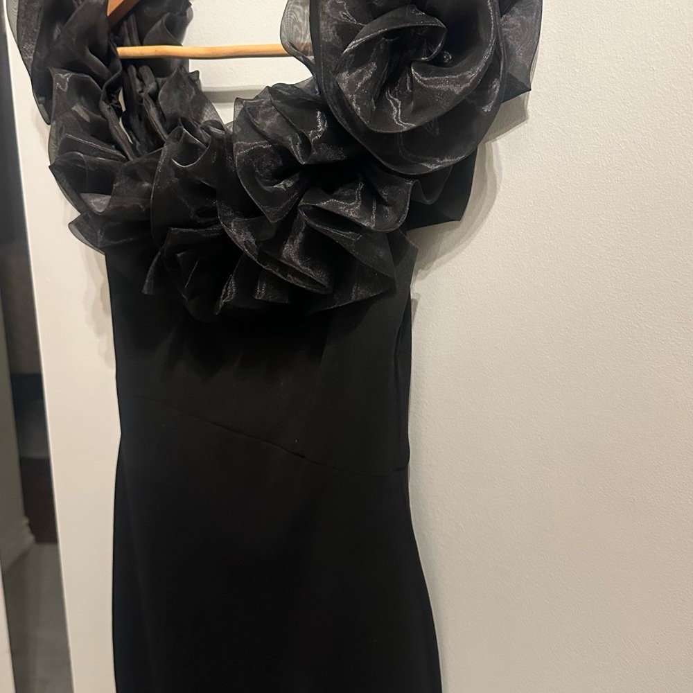 Honeyme Black Mini Dress with Ruffled Neckline